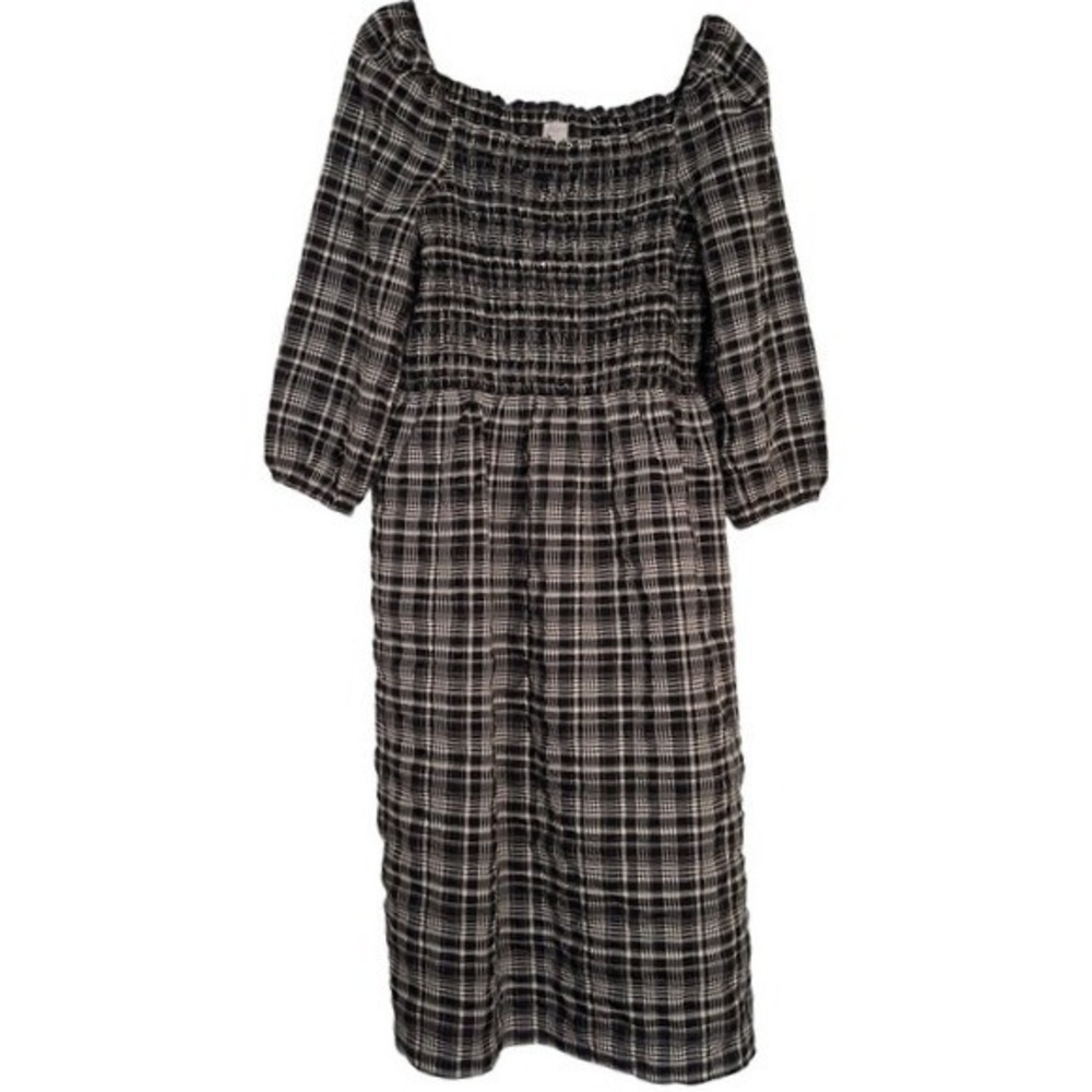 Loft Gingham Smocked Puff Sleeve Midi Dress L Women size Large Black White Plaid